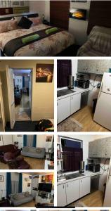 a collage of pictures of a bedroom with a bed and a kitchen at The downstairs delight 2brm , 6+ guests & dogs ok in Lake Munmorah