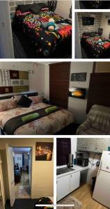 a collage of pictures of a bedroom with two beds at The downstairs delight 2brm , 6+ guests & dogs ok in Lake Munmorah