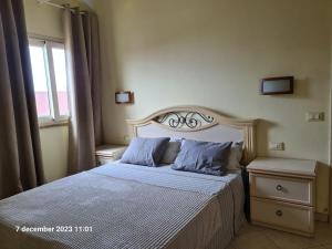 a bedroom with a large bed with blue pillows at Plaza Top floor apartment in Santa Maria