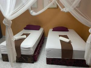 2 Betten nebeneinander in einem Zimmer in der Unterkunft Nola's Homestay in Kampungdurian