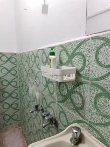 a bathroom with a sink and a green patterned wall at Nest Home Stay in Khajurāho