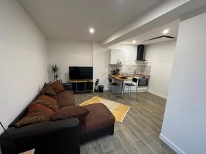 uma sala de estar com um sofá castanho e uma cozinha em Appart , maison, équipée avec terrasse ,près centre ville em Saint-Jean-le-Blanc