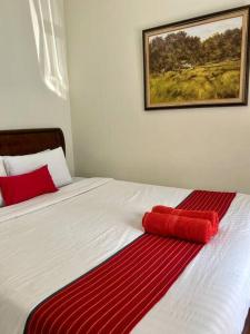 een bed met twee rode kussens erop bij AW Griya Semilir in Timuran