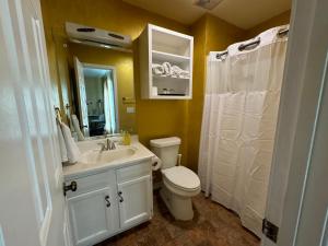 a bathroom with a sink and a toilet and a mirror at A Bliss of Color Townhouse in Jackson