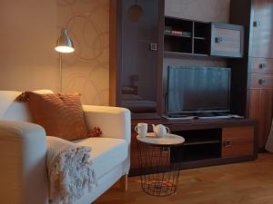 a living room with a white couch and a tv at Apartament pod Nosalem in Zakopane