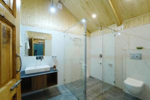 a bathroom with a shower and a sink and a toilet at Tree house Latos Tandi in Jibhi