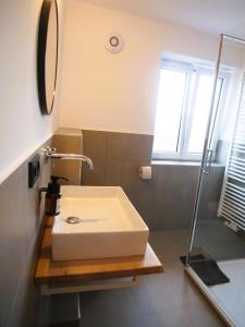 a bathroom with a white sink and a shower at Alte Seifensiederei - Jane in Bad Tölz