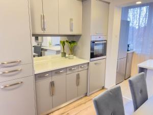 a kitchen with white cabinets and stainless steel appliances at Oradea Comfort Corner in Oradea +29 photos