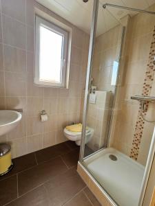 a bathroom with a shower and a toilet and a sink at Ferienhaus Wellsandt in Norderney