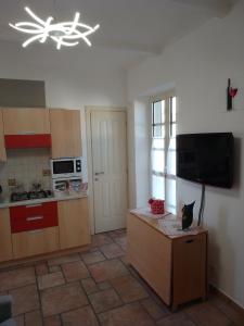 a kitchen with a black cat sitting on a table at Lovely apartment with terrace by Alterego in Villanova dʼAsti