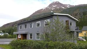 セイジスフィヨルズルにあるSeydisfjördur Guesthouseの山を背景にした建物