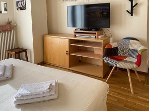 uma sala de estar com uma televisão e uma cadeira em Nest in Mets em Atenas