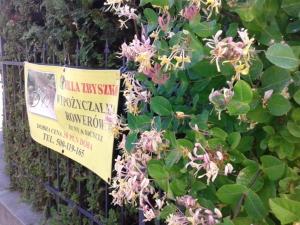 un cartel en una valla con flores. en Willa Zbyszko, en Gdansk