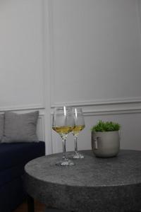 dos vasos de vino blanco sentados en una mesa en Jahorina Apartman Benvenuti en Jahorina