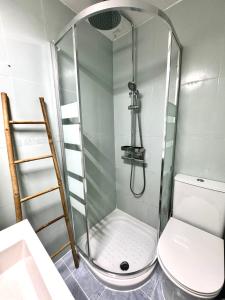 マドリードにあるAcogedor apartamento en el Centro de Madridのバスルーム(シャワー、トイレ付)が備わります。