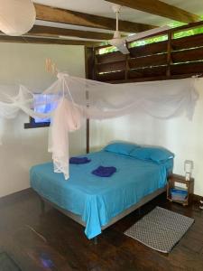 um quarto com uma cama azul e uma rede mosquiteira em Casa GaNiMo - propiedad privada, frente al mar em La Libertad