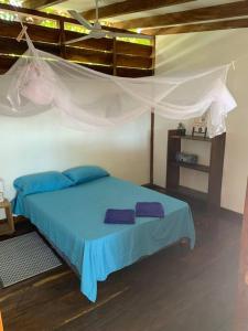 um quarto com uma cama azul e uma rede mosquiteira em Casa GaNiMo - propiedad privada, frente al mar em La Libertad