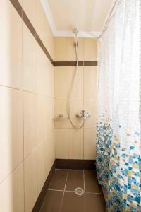 a bathroom with a shower with a shower curtain at Nagias cozy garden home in Athens