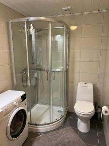 uma casa de banho com um chuveiro, um WC e uma máquina de lavar roupa em Apartment Grønlid em Rauland