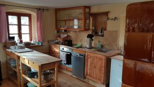 a kitchen with wooden cabinets and a sink and a stove at Fachwerkhof Klosterbuch in Leisnig
