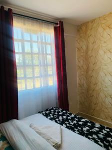 a bed in a room with a window and a bedspread at Rorot 1 bedroom Kapsoya with free wifi and great views! in Eldoret
