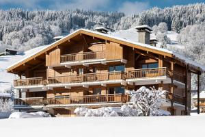 uma cabana de madeira na neve em Flat Synerveda em Megève