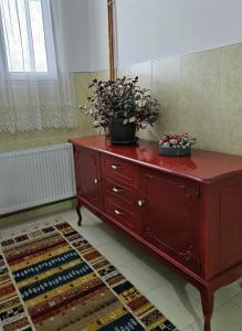 uma cómoda vermelha com dois vasos de plantas em cima em Apartman Juga em Kremna