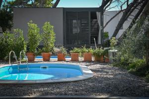 una piccola piscina in un cortile con piante in vaso di MORENIA Park Villas a Podaca