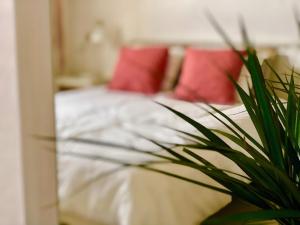 Un dormitorio con una cama con almohadas rojas y una planta en Cuarto Botánico Stylish Studio with Shared Pool, en Tiagua