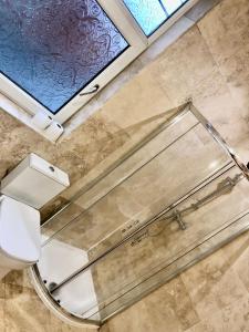 a bathroom with a toilet and a glass wall at Two the Manor Born 3 bedroom house in Tynemouth