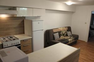 eine Küche mit einem Sofa und einem Stuhl in einem Zimmer in der Unterkunft Suterénový apartmán v centre in Piešťany