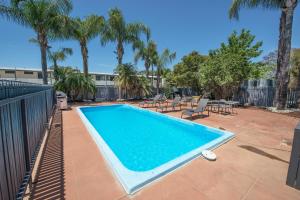 a swimming pool in a yard with palm trees at Pioneer Station Motor Inn in Swan Hill