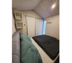 Habitación pequeña con sofá y cama en Tinyhouse Heimatglück, en Bad Berleburg