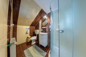 a small bathroom with a toilet and a shower at Camere de închiriat Larisa in Moieciu de Sus +129 photos