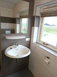 a bathroom with a sink and a window at de Paardekracht in Serooskerke