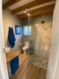 a bathroom with a glass shower with a toilet at The Vine in Bellville