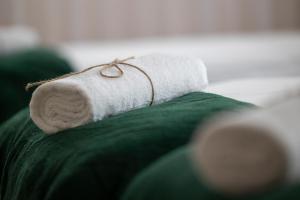 um rolo de papel sentado em cima de um cobertor verde em Wilczkowe Izby em Leśnica