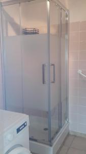 La salle de bains est pourvue d'une douche en verre et de toilettes. dans l'établissement Entre mer et montagne, à La Roque-dʼAnthéron
