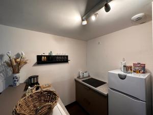 eine Küche mit einer Spüle und einem weißen Kühlschrank in der Unterkunft La Maison aux Volets Bleus 3ème Étage in Vic-sur-Cère