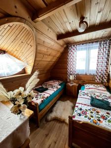 a bedroom with two beds in a log cabin at Szałas u Eweliny in Kościelisko