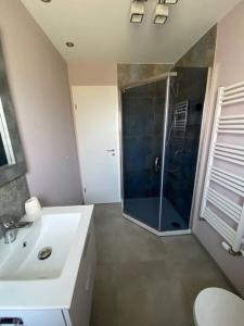 a bathroom with a shower and a toilet and a sink at Moderne und stilvolle 3 Zimmer Wohnung in Bayreuth