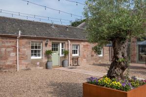 ein Haus mit einem Baum und Blumen davor in der Unterkunft Willow Cottage in Cockburnspath + 19 Fotos