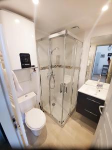 een badkamer met een douche, een toilet en een wastafel bij L'ORATOIRE 2 in La Rochelle