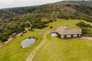 an aerial view of a house on a hill with elephants at Barefoot Addo Elephant Lodge - Luxury Family Villa in Addo