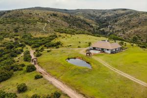 an aerial view of a house with two elephants in a field at Barefoot Addo Elephant Lodge - Luxury Family Villa in Addo
