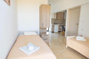 a small room with two beds and a kitchen at Anthia Apartments in Marmari