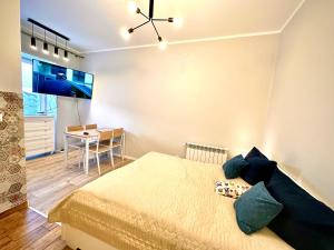 a bedroom with a bed and a desk and a television at Apartament Vistula Centrum 4 in Wisła