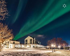 una imagen de la aurora boreal en el cielo en Fru Haugans Hotel en Mosjøen