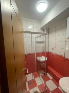 a bathroom with a sink and a shower and a toilet at Hotel Ada - Otoka in Sarajevo