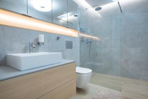 a bathroom with a sink and a toilet and a shower at Apartament Premium PINEA 203 in Pobierowo
